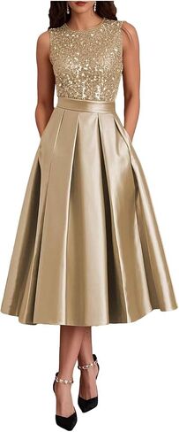 Modest Ruffle Satin Prom Dress with Pockets Sparkly Sequin A Line Puffy Tea Length Formal Evening Ball Gown for Women in Saudi Arabia