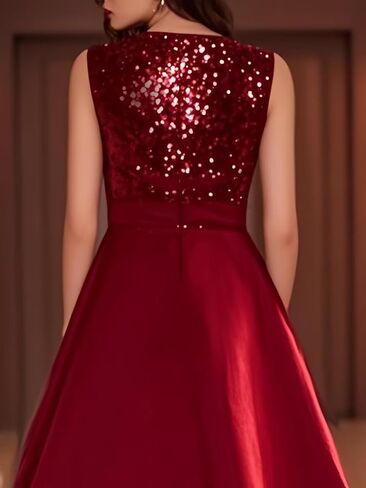 Modest Ruffle Satin Prom Dress with Pockets Sparkly Sequin A Line Puffy Tea Length Formal Evening Ball Gown for Women in Saudi Arabia