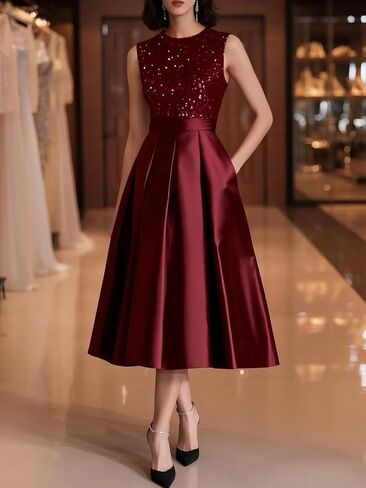 Modest Ruffle Satin Prom Dress with Pockets Sparkly Sequin A Line Puffy Tea Length Formal Evening Ball Gown for Women in Saudi Arabia