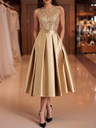 Modest Ruffle Satin Prom Dress with Pockets Sparkly Sequin A Line Puffy Tea Length Formal Evening Ball Gown for Women in Saudi Arabia
