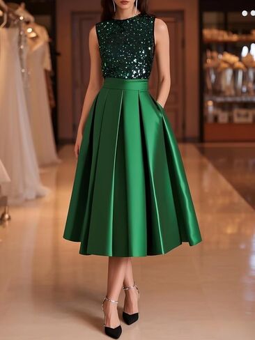 Modest Ruffle Satin Prom Dress with Pockets Sparkly Sequin A Line Puffy Tea Length Formal Evening Ball Gown for Women in Saudi Arabia
