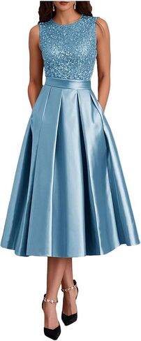 Modest Ruffle Satin Prom Dress with Pockets Sparkly Sequin A Line Puffy Tea Length Formal Evening Ball Gown for Women in Saudi Arabia
