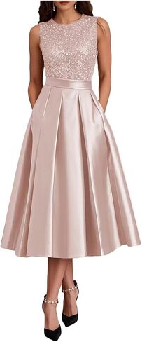 Modest Ruffle Satin Prom Dress with Pockets Sparkly Sequin A Line Puffy Tea Length Formal Evening Ball Gown for Women in Saudi Arabia