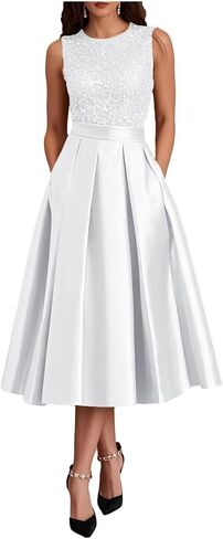 Modest Ruffle Satin Prom Dress with Pockets Sparkly Sequin A Line Puffy Tea Length Formal Evening Ball Gown for Women in Saudi Arabia