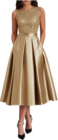 Modest Ruffle Satin Prom Dress with Pockets Sparkly Sequin A Line Puffy Tea Length Formal Evening Ball Gown for Women in Saudi Arabia