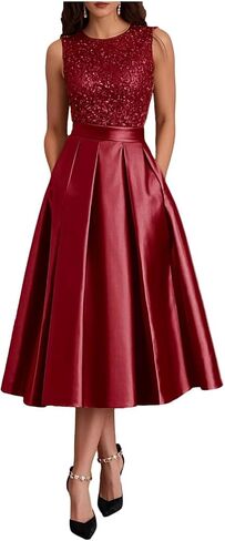 Modest Ruffle Satin Prom Dress with Pockets Sparkly Sequin A Line Puffy Tea Length Formal Evening Ball Gown for Women in Saudi Arabia