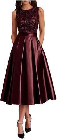 Modest Ruffle Satin Prom Dress with Pockets Sparkly Sequin A Line Puffy Tea Length Formal Evening Ball Gown for Women in Saudi Arabia