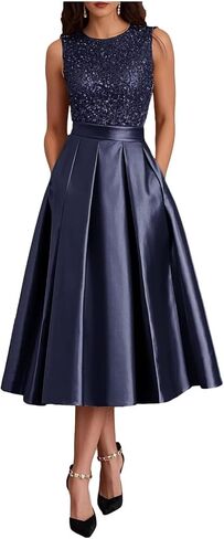 Modest Ruffle Satin Prom Dress with Pockets Sparkly Sequin A Line Puffy Tea Length Formal Evening Ball Gown for Women in Saudi Arabia