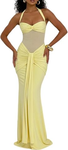 Tcremisa Women's Halter Maxi Dress Sexy Slim Backless Mesh See Through Ruched Bodycon Long Dresses Cocktail Party in Saudi Arabia