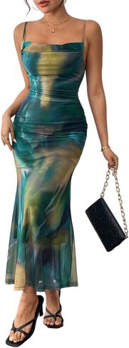 LIGHT DOT Women's Summer Printed Maxi Dress Spaghetti Strap Bodycon Ruched Cocktail Dress Mesh Layered in Saudi Arabia
