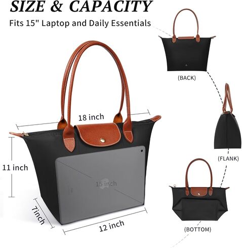 Tote Bag for Women Nylon Top-Handle Purse,Lightweight Large Capacity Shoulder Hobo HandBag with Zipper Leisure Foldable Weekend (Black, Large) in Saudi Arabia