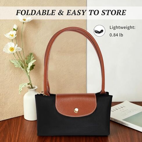 Tote Bag for Women Nylon Top-Handle Purse,Lightweight Large Capacity Shoulder Hobo HandBag with Zipper Leisure Foldable Weekend (Black, Large) in Saudi Arabia