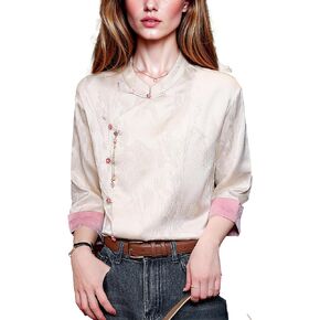 LAI MENG FIVE CATS Women's Vintage Silk Satin Top Embroidery Elegant Jacquard Long Sleeve Casual Blouses in Saudi Arabia
