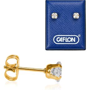 Caflon 24K Gold Plated | Stainless Steel 4mm Cubic Zirconia Stud Earrings | Hypoallergenic Nickel Safe Ear Jewelry | Sparkling Princess Cut Square Silver Tone Crystal with Push-Back Closure | Daily Wear Fashion Jewelry in Kuwait