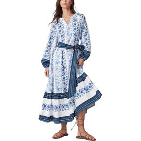 D-Sun Women Boho Maxi Dress Floral Puff Long Sleeves V Neck Tiered A-Line Flowy Long Printed Bohemian Dress with Belt Pocket in Saudi Arabia