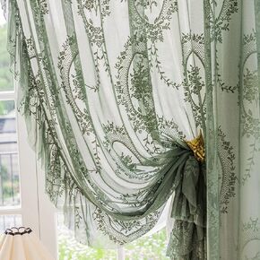 ZZC Lace Sheer Curtains with Scallop Ruffle for Living Room Elegant 70 Inch Long Rustic Vintage Floral Embroidered Voile Panels Rod Pocket Window Treatment Set 2 Panels, Green, W39 x L70 Inch in Saudi Arabia