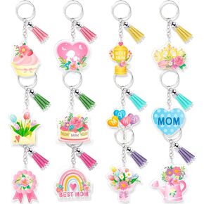 HOWAF Mother's Day Acrylic Keychain Set - 12 Pcs Mom Themed Keychains with Colorful Tassels, Best Mom Floral Cake Heart Design Gift Set for Women, Bag Backpack Charms for Mom from Daughter Son in Saudi Arabia