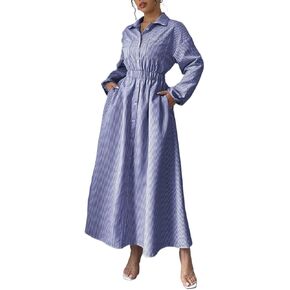 Womens Casual Loose Flared Shirt Dress with Pocket Striped Maxi Dress for Spring and Fall in Kuwait