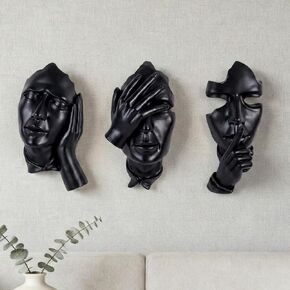 orenm 3-Piece Abstract Face Wall Sculptures, Resin Modern Art Wall Decor for Men Bedroom, Living Room, Office, Studio & Entertainment Center (Black) in Saudi Arabia