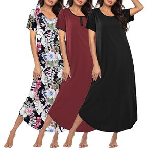 Ekouaer 3 Pack Long Nightgowns for Women Plus Size Moo Moos Short Sleeve House Dress Button Night Gown Soft Sleepwear S-5XL in Kuwait