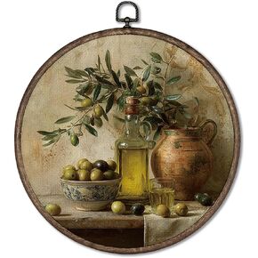 Giosve Vintage Olive Oil Kitchen Round Wall Art Canvas Framed Poster, Rustic Farmhouse French Country Cottagecore Hanging Wall Sculptures for Kitchen Dining Room Home Decor, 10x10 Inch in Saudi Arabia