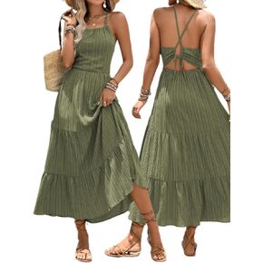 BARASA Women's Spaghetti Straps Tiered Maxi Dress Flowy Pleated Swing Party Boho Dresses Backless Casual Beach Sundress D589 in Saudi Arabia