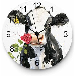 Wall Clock Cow Rose Clocks PVC Silent Non-Ticking Battery Operated Decorative Farmhouse Animal Round Clock for Home Living Room Kitchen Bedroom Office School Wall Decor 10 Inch in Saudi Arabia