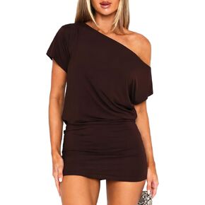 OZICERD Women Off The Shoulder Mini Dress Loose Short Sleeve Bodycon Hip Wrap Club Rave Going Out Dresses Casual in Saudi Arabia