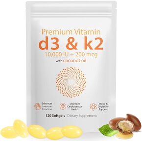 Vitamin D3 K2 120PCS with Coconut Oil, K2 D3 Vitamin Supplement, Support Immune Health, Fast Absorption, D3 K2 Vitamin 10000 iu, Support Bone Health, Non-GMO in Saudi Arabia