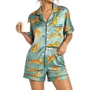 Silk Pajamas for Women Short Sleeve Sleepwear Button Down 2 Piece Notch Collar Loungewear Satin Pjs for Women Set in Saudi Arabia