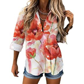 Watercolor Poppies Floral Women Button Down Shirt Casual Long Sleeve Smooth No See-Through Shirt Irregular Hem Blouses in Kuwait