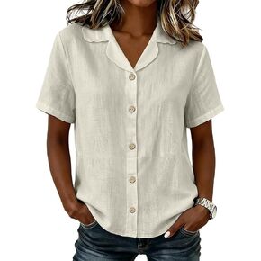 Scallop Collar Shirts for Women Cotton Button Front Short Sleeve Blouses Summer Tops for Office Lunch Casual Wear in Saudi Arabia