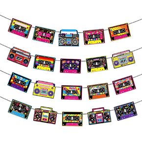 4 Pcs Tape Recorder Themed Party Banners, Retro-Style Hanging Indoor/Outdoor Holiday Banners, Decorations for Various Festive Events in Saudi Arabia