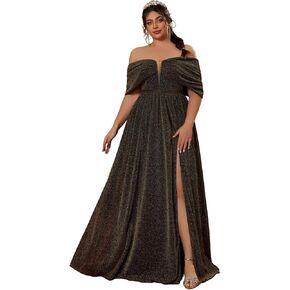Women's Plus Size Sparkly Off The Shoulder Deep V Neck High Slit Glitter Prom Wedding Formal Maxi Dress Prom Wedding in Saudi Arabia