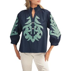 Womens Baroque Applique Blouses Ruffled V-Neck 3/4 Puff Sleeves Top Floral Embroidered Button Down Shirt in Saudi Arabia