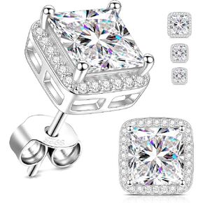 Moissanite Halo Earrings Square, 925 Sterling Silver, D Color VVS1 Princess Cut, 4.5-6.5mm 1.12-3.26 CT, Hypoallergenic Dainty Earrings for Women Men, Birthday Anniversary Valentine Christmas Gift in Saudi Arabia