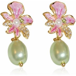 Pink Enamel Floral Drop Earrings for Women, Vintage Gold Flower Dangle with Soft Green Pearl Pendant, Romantic Rhinestone Botanical Fashion Jewelry Gift in Saudi Arabia