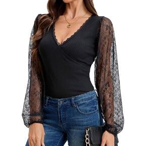 Womens Tops Deep V Neck Cross Wrap Sexy Tops Polka Mesh Long Sleeve T Shirt Casual Blouses in Saudi Arabia