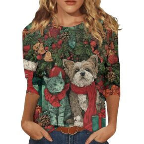 Christmas Shirts for Women 3/4 Length Sleeve Crewneck Tops Christmas Graphic Printed Tshirts Casual Holiday Blouses in Kuwait