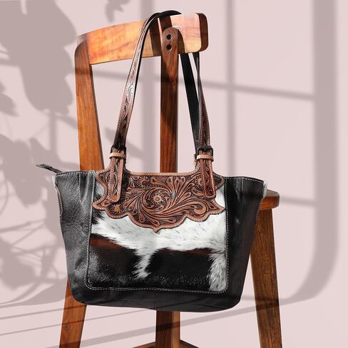 Merbaa Women Handtooled Cowhide Hairon Tote & Crossbody Bag – Adjustable Strap, Hand-Knitted Detailing, Leather Handbag. in Saudi Arabia