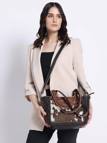 Merbaa Women Handtooled Cowhide Hairon Tote & Crossbody Bag – Adjustable Strap, Hand-Knitted Detailing, Leather Handbag. in Saudi Arabia