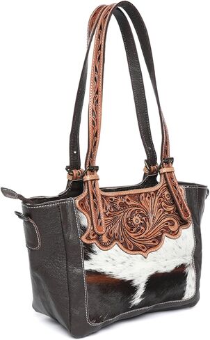 Merbaa Women Handtooled Cowhide Hairon Tote & Crossbody Bag – Adjustable Strap, Hand-Knitted Detailing, Leather Handbag. in Saudi Arabia