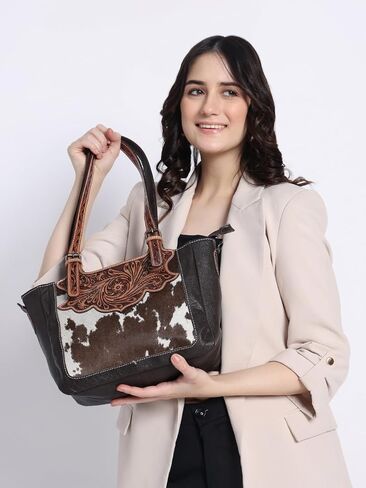 Merbaa Women Handtooled Cowhide Hairon Tote & Crossbody Bag – Adjustable Strap, Hand-Knitted Detailing, Leather Handbag. in Saudi Arabia