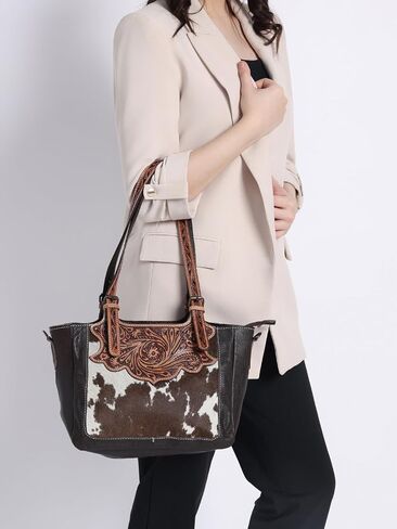 Merbaa Women Handtooled Cowhide Hairon Tote & Crossbody Bag – Adjustable Strap, Hand-Knitted Detailing, Leather Handbag. in Saudi Arabia
