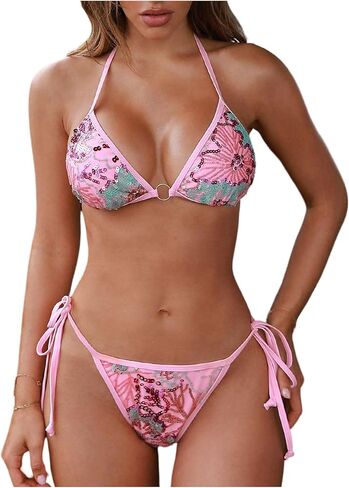MakeMeChic Women's Sequin Halter Bikini Sets Floral Sparkly Triangle Tie Side Bathing Suit in Kuwait