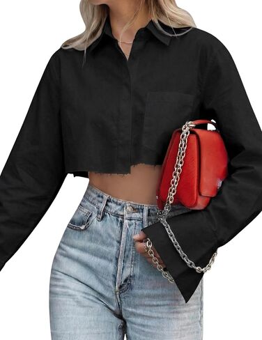 Women Cropped Button Down Shirts Long Sleeve Asymmetrical Hem Collared Cotton Casual Trendy Crop Top Blouse in Saudi Arabia