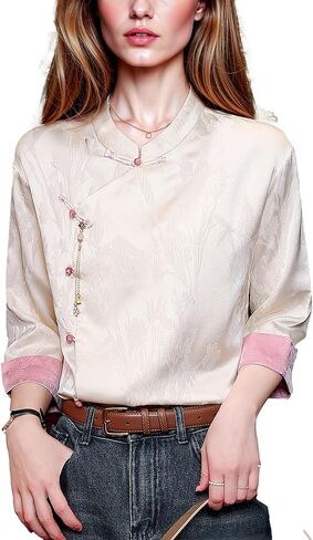 LAI MENG FIVE CATS Women's Vintage Silk Satin Top Embroidery Elegant Jacquard Long Sleeve Casual Blouses in Saudi Arabia