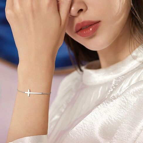 925 Sterling Silver Cross Bracelet for Women - Adjustable 1.1mm Dainty Chain Bracelets with Cross, Cute Tiny Cross Pendant Charm Link Chain Faith Gifts for Women Friends Confirmation Anniversary Birthday - 6+2 Inches in Saudi Arabia