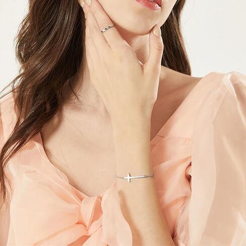 925 Sterling Silver Cross Bracelet for Women - Adjustable 1.1mm Dainty Chain Bracelets with Cross, Cute Tiny Cross Pendant Charm Link Chain Faith Gifts for Women Friends Confirmation Anniversary Birthday - 6+2 Inches in Saudi Arabia