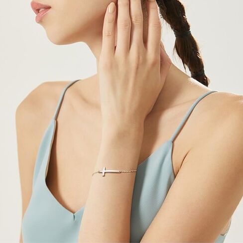 925 Sterling Silver Cross Bracelet for Women - Adjustable 1.1mm Dainty Chain Bracelets with Cross, Cute Tiny Cross Pendant Charm Link Chain Faith Gifts for Women Friends Confirmation Anniversary Birthday - 6+2 Inches in Saudi Arabia